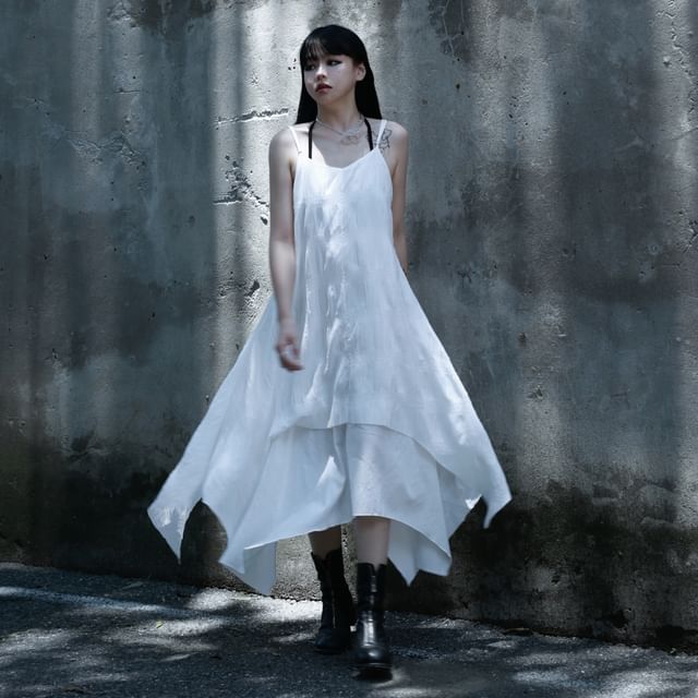 Ravenstem-Spaghetti Strap Plain Asymmetrical Midi A-Line Dress