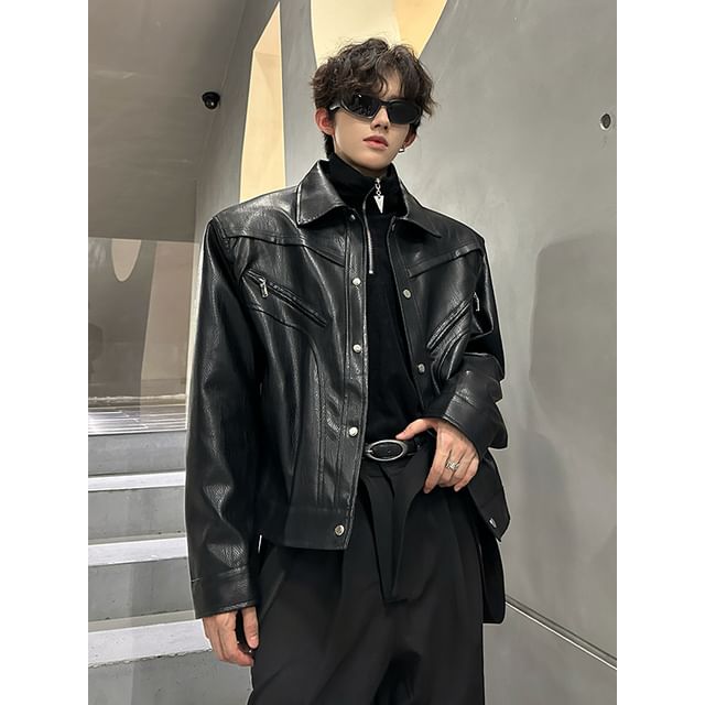 ravewider-Collar Plain Faux Leather Button Jacket
