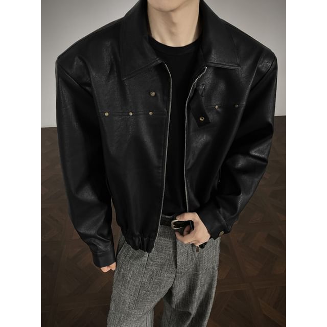 ravewider-Collar Plain Faux Leather Zip Jacket