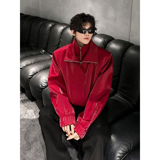 ravewider-Collar Plain Zip Jacket