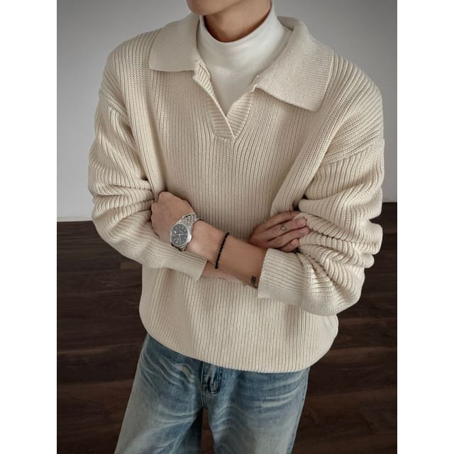 ravewider-Collared Plain Chunky Knit Sweater
