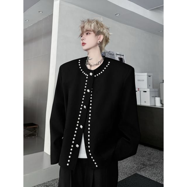 ravewider-Collarless Beaded Button-Up Jacket