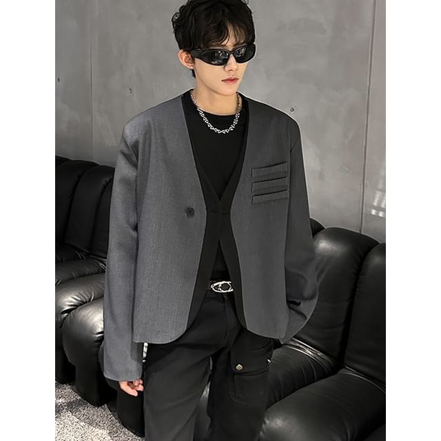 ravewider-Collarless Two Tone Single-Button Blazer