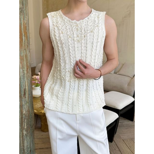 ravewider-Crewneck Beaded Plain Tank Top