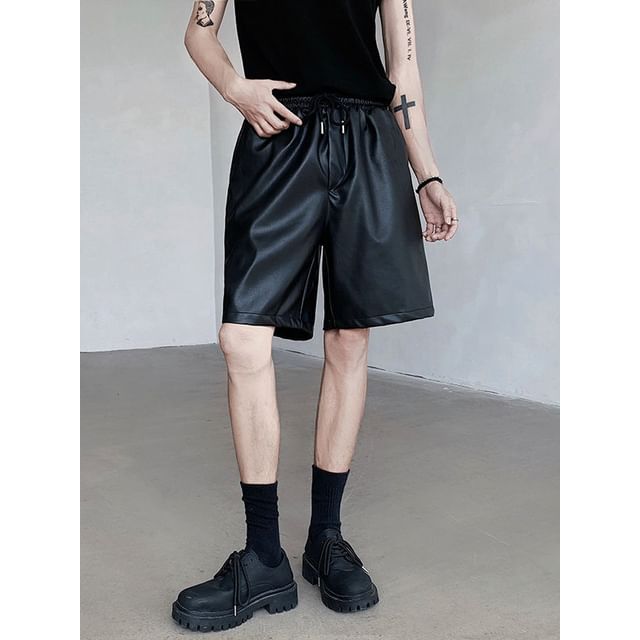 ravewider-Drawstring Waist Faux Leather Shorts