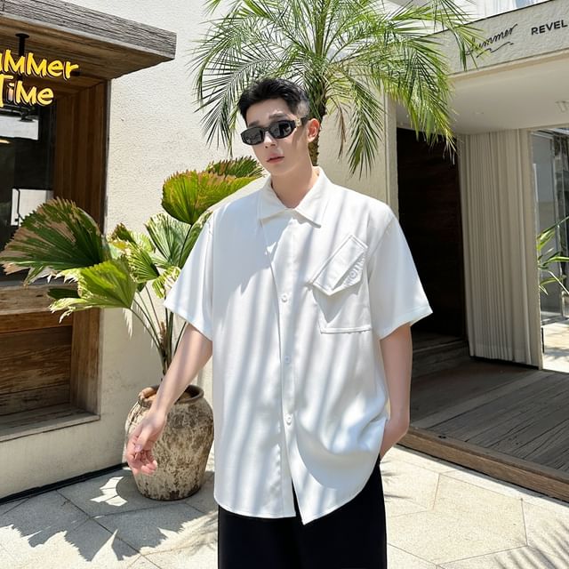 ravewider-Elbow-Sleeve Asymmetrical Button-Up Plain Shirt