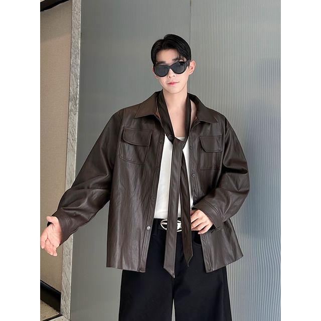 ravewider-Faux Leather Button-Up Jacket with Sash