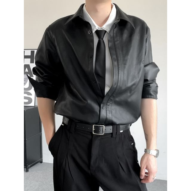 ravewider-Faux Leather Collared Button-Up Jacket