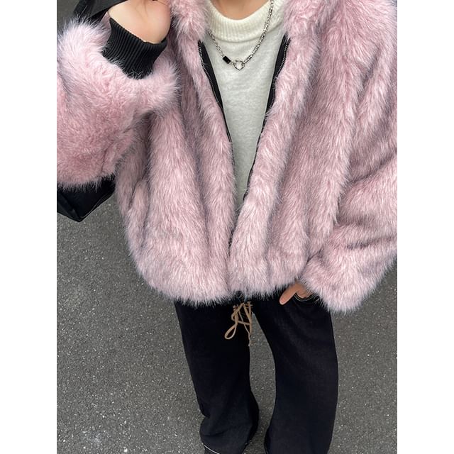 ravewider-Fluffy Hooded Zip Jacket