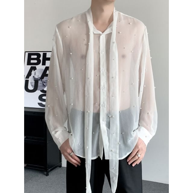ravewider-Long-Sleeve Beaded Sheer Shirt