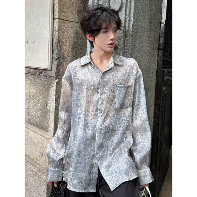ravewider-Long Sleeve Collared Leopard Print Button Up Shirt