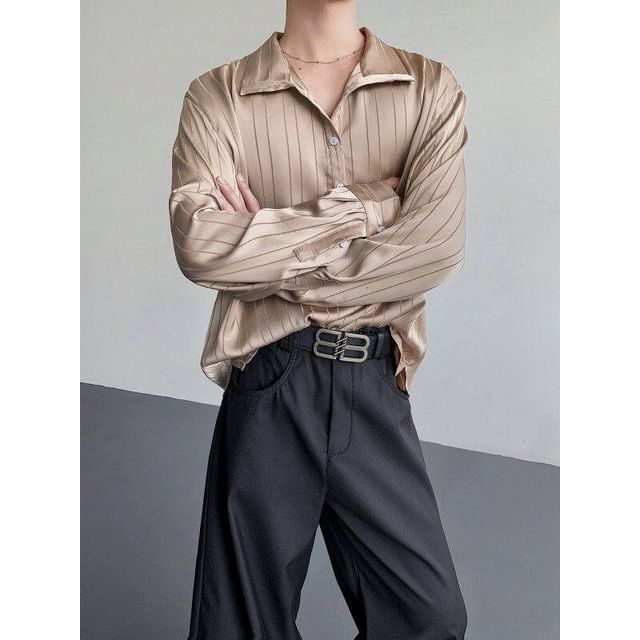 ravewider-Long-Sleeve Collared Striped Button Up Shirt