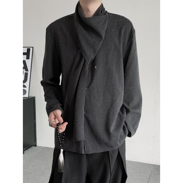 ravewider-Long-Sleeve Scarfed Plain Shirt
