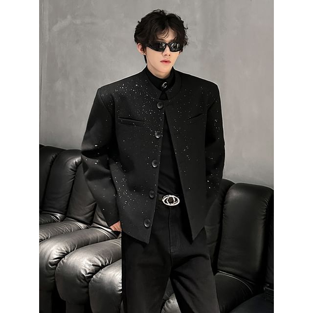 ravewider-Mandarin Collar Plain Glitter Single-Breasted Blazer