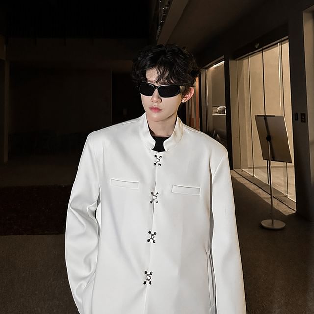 ravewider-Mandarin Collar Plain Hook and Eye Blazer