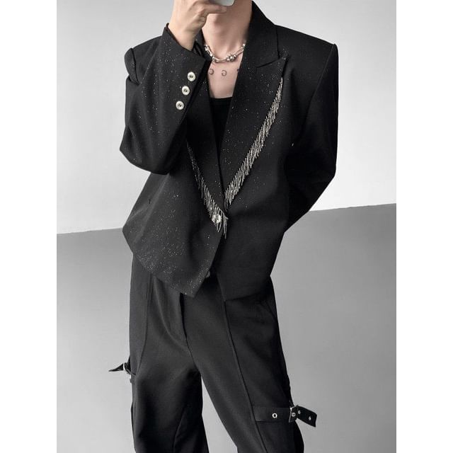 ravewider-Metal Fringe Glitter Wrap Blazer
