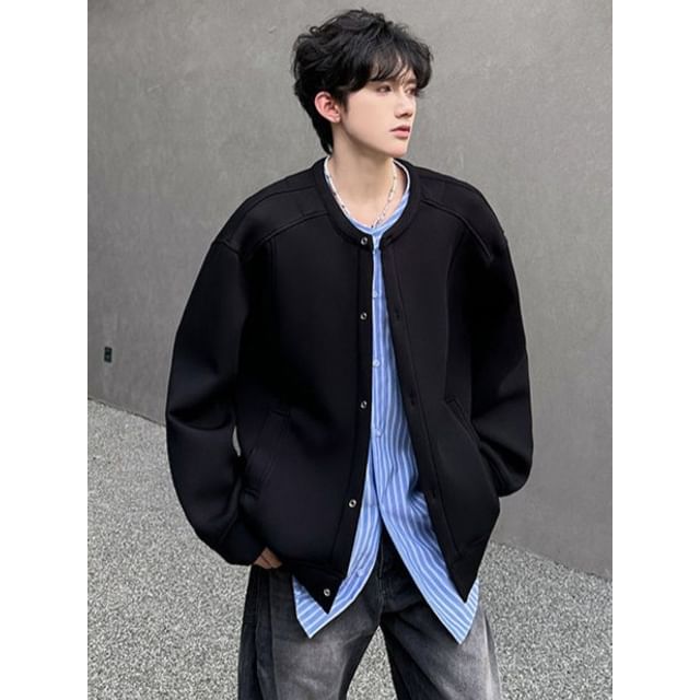 ravewider-Mock Two-Piece Crewneck Striped Button-Up Jacket