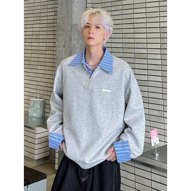 ravewider-Mock Two-Piece Half Zip Striped Sweatshirt