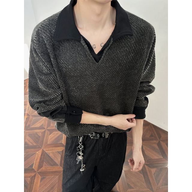 ravewider-Mock Two-Piece V-Neck Collared Sweatshirt