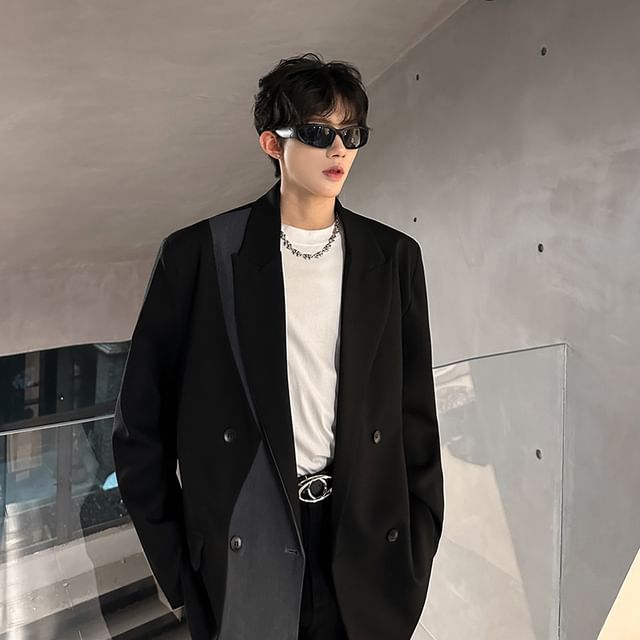 ravewider-Peak Lapel Two Tone Double-Breasted Blazer