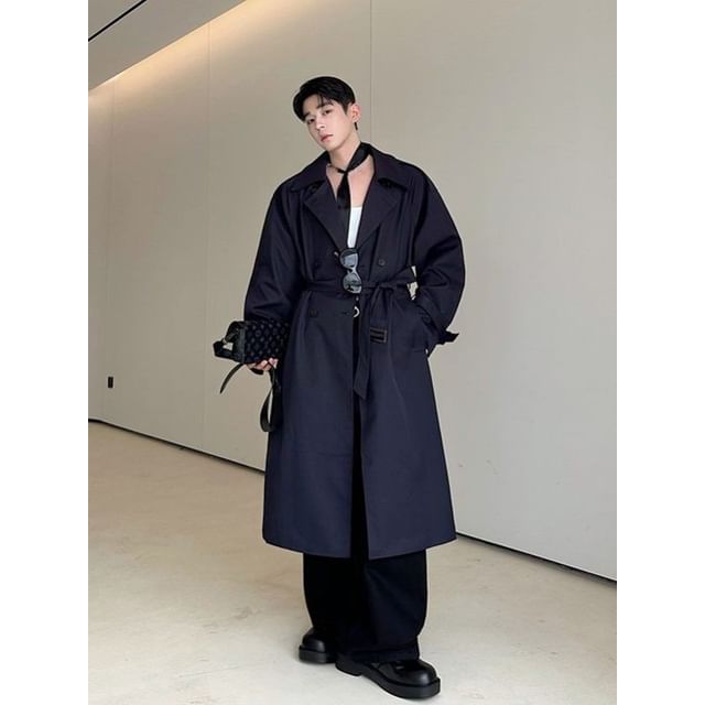 ravewider-Plain Double-Breasted Trench Coat