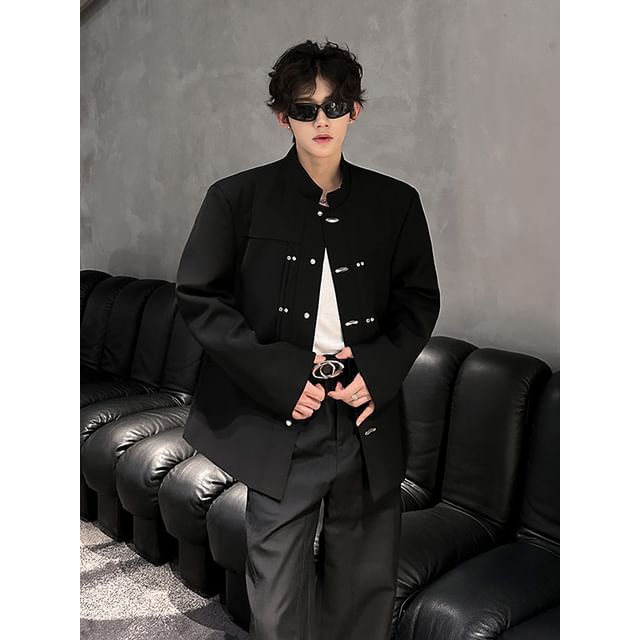 ravewider-Plain Stand Collar Buckled Jacket