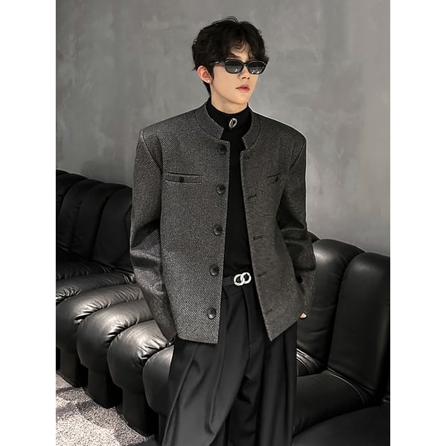 ravewider-Plain Stand Collar Button-Up Jacket