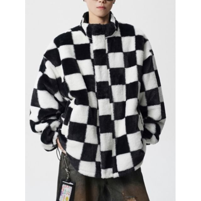 ravewider-Reversible Stand Collar Checkerboard Fluffy Zip-Up Jacket