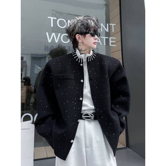 ravewider-Rhinestone Trim Glitter Button-Up Jacket