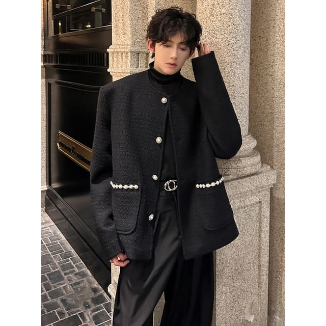 ravewider-Round Neck Faux Pearl Button Jacket