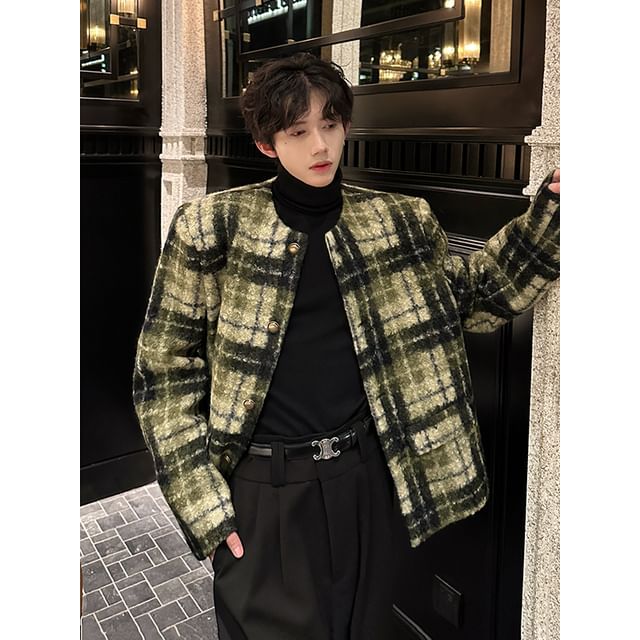 ravewider-Round Neck Plaid Button Jacket