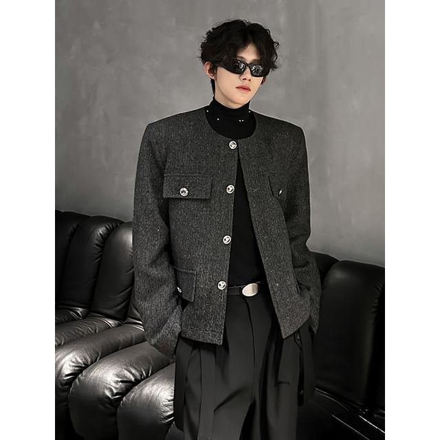 ravewider-Round Neck Plain Button Jacket
