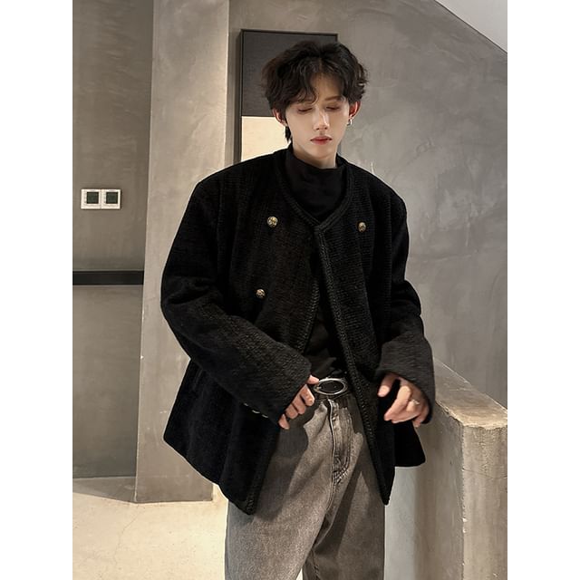 ravewider-Round Neck Plain Double-Breasted Jacket