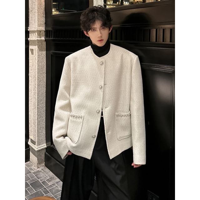 ravewider-Round Neck Plain Faux Pearl Button Jacket