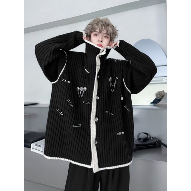 ravewider-Safety Pin Chained Button-Up Cardigan