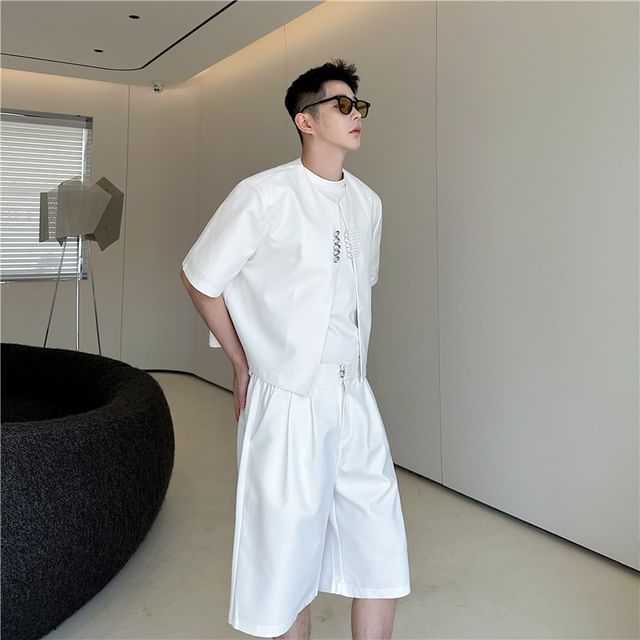 ravewider-Set Elbow-Sleeve Crew Neck Frog Buttoned Plain Crop Blazer Mid Rise Wide Leg Dress Shorts