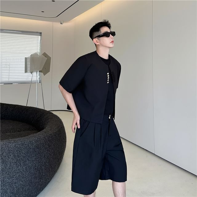 ravewider-Set Elbow-Sleeve Crew Neck Frog Buttoned Plain Crop Blazer Mid Rise Wide Leg Dress Shorts