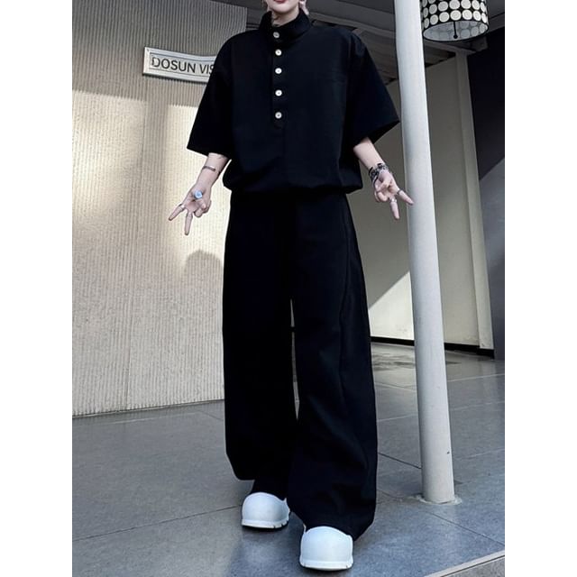 ravewider-Set Elbow-Sleeve Mock Neck Half Buttoned Plain Top Wide Leg Pants