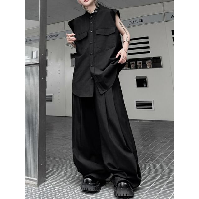 ravewider-Set Pocketed Plain Button-Up Vest Wide Leg Pants
