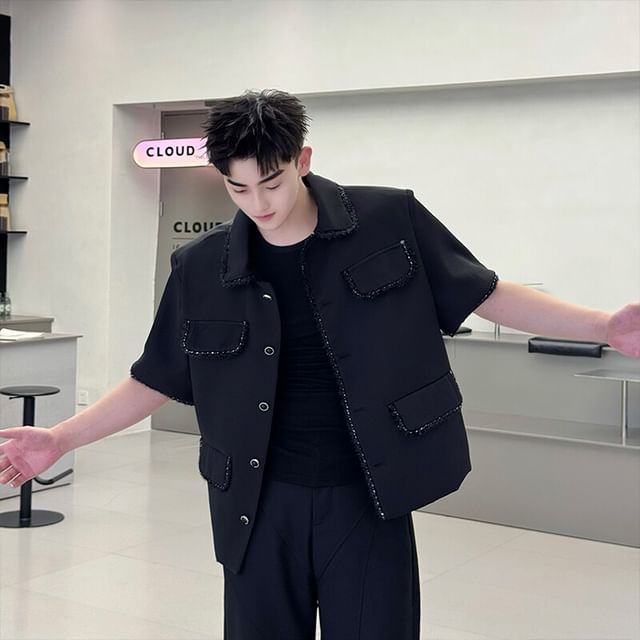 ravewider-Short-Sleeve Collared Plain Button Up Shirt Jacket