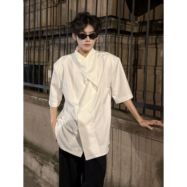 ravewider-Short-Sleeve Collared Plain Double Breasted Shirt