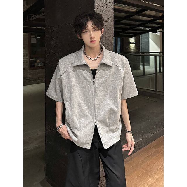 ravewider-Short-Sleeve Collared Plain Zip-Up Top
