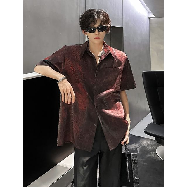 ravewider-Short-Sleeve Leopard Print Button-Up Shirt