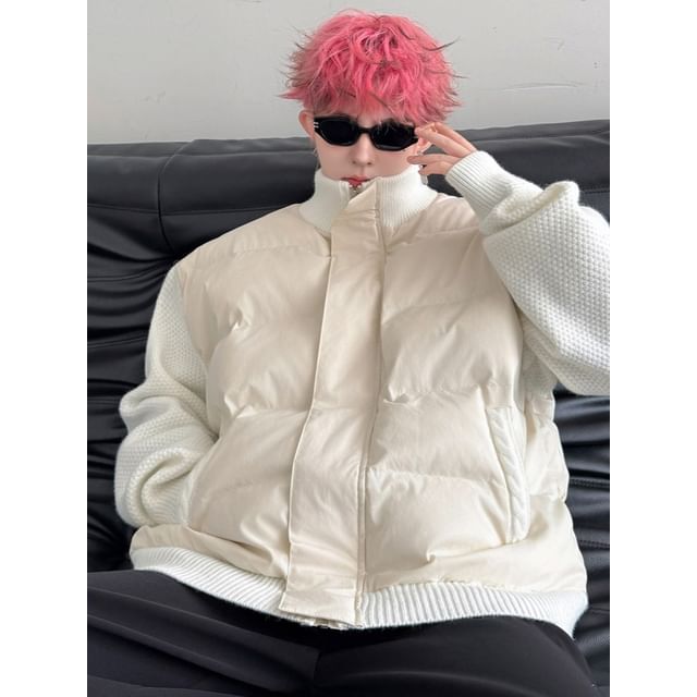 ravewider-Stand Collar Knit Panel Zip-Up Puffer Jacket