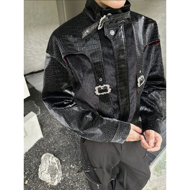 ravewider-Stand Collar Plain Faux Leather Zip Jacket