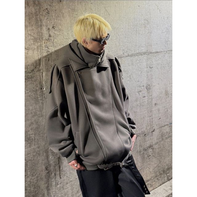 ravewider-Stand Collar Plain Hooded Asymmetrical Zip Jacket