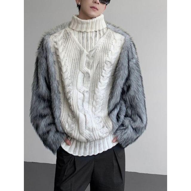 ravewider-Turtleneck Fluffy Panel Cable Knit Sweater