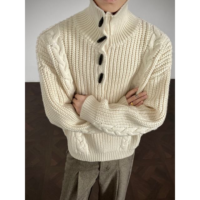 ravewider-Turtleneck Plain Toggle Cable Knit Sweater