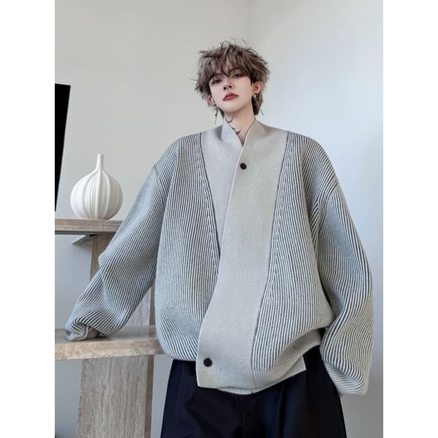 ravewider-V-Neck Striped Paneled Wrap Button-Up Cardigan