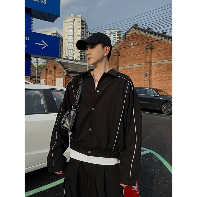 Real Boy-Collared Contrast Trim Button Up Jacket